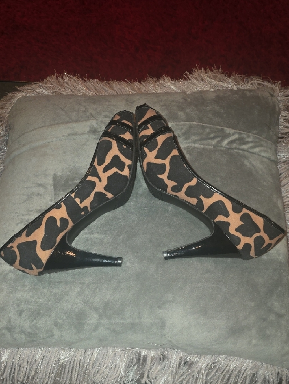 Candie's Black and Brown Camo Peep-Toe Heels with Gold Buckle